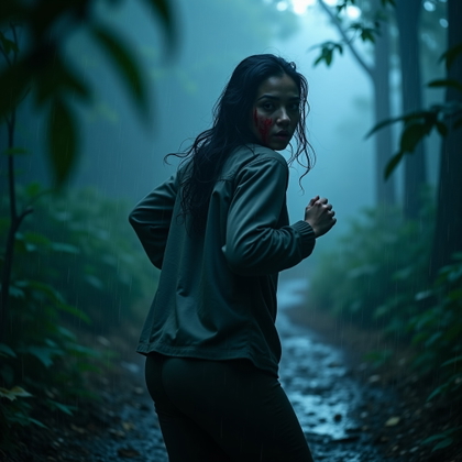 Blood-Streaked Final Girl Close-Up example: Cinematic horror portrait photo, motion/action shot of a survivor running through a rain-soaked forest, turning back tow