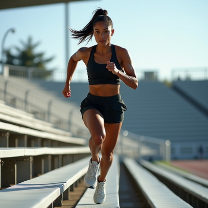 AI-generated photo: Photorealistic fitness photography of stadium bleacher sprints, subject bounding two steps at a time...