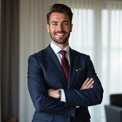 AI-generated photo: Professional headshot featuring a man in a classic, tailored navy blue suit with a subtle check patt...