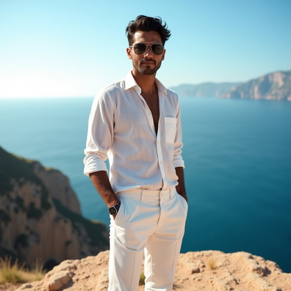 Minimal White Linen Portraits Against Blue Sea and Sky example: Photorealistic vacation portrait photography. Editorial hero image on a cliffside overlook with a wide panoramic composi