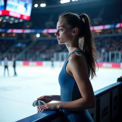 AI-generated photo: Photorealistic sports photography. In a quiet corner of the arena, a figure skater stands beside the...