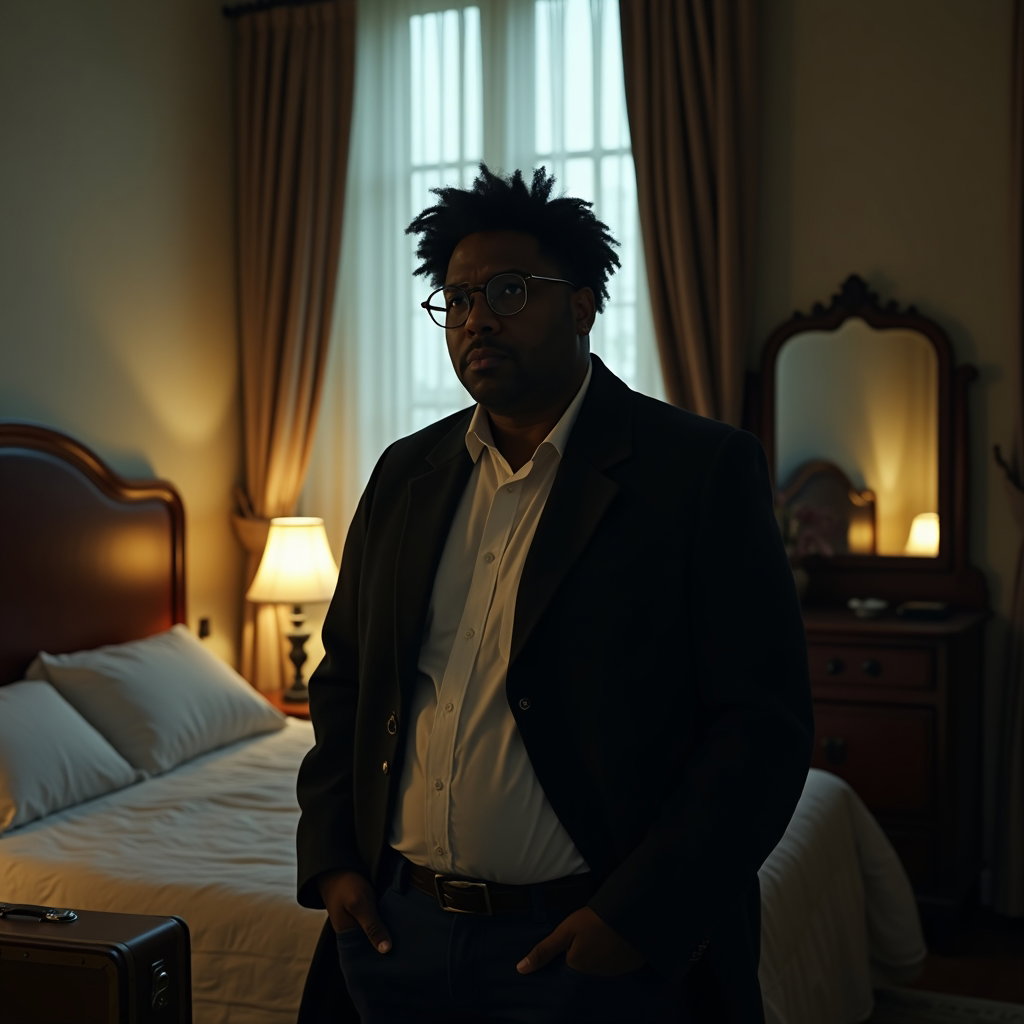 Old Hotel Room: Wide cinematic portrait of one subject standing between an unmade bed and a tall curtained window in a faded hotel room, rumpled white shirt…
