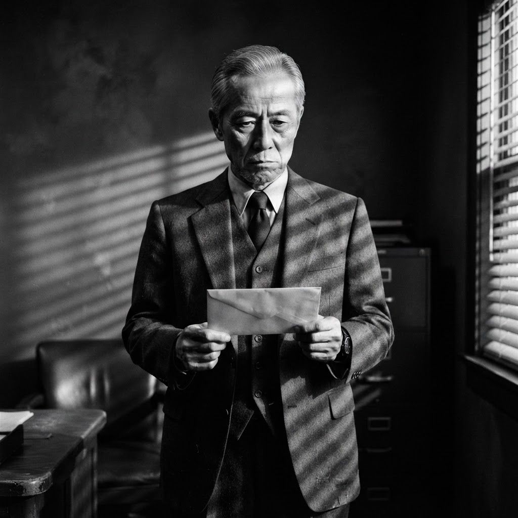Venetian Blind Shadows: Half-body noir portrait of one visible person standing in an old private office, dressed in a worn dark suit and buttoned vest.