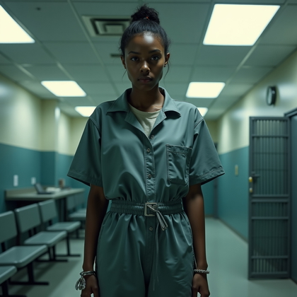 AI-generated photo: Photorealistic intake processing photo in a fluorescent-lit booking room, showing a medium-close fra...