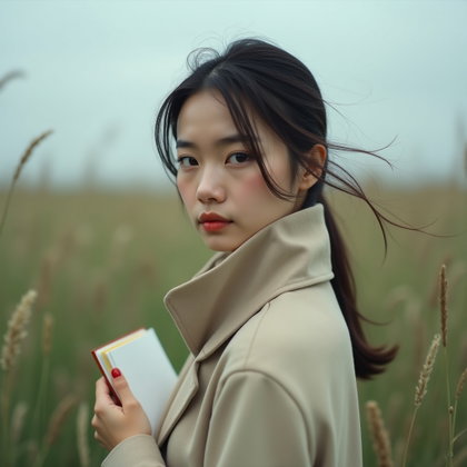 Windblown Meadow Poet Portrait With a Long Coat example: Photorealistic portrait photography. Tight close-up in a windblown meadow, with a long coat collar lifted slightly by th
