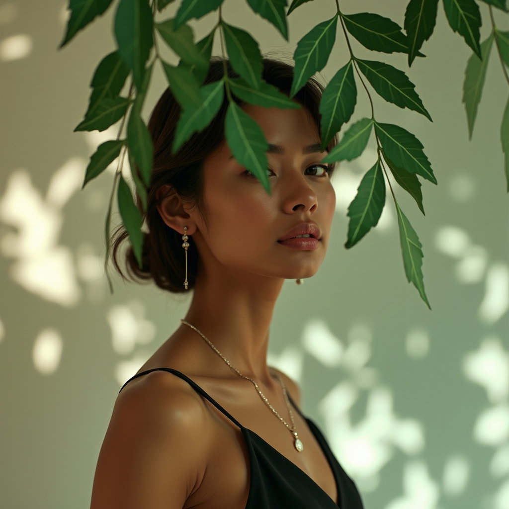 AI-generated photo: Photorealistic studio fashion portrait photography built around a kinetic leaf mobile: laser-cut pap...
