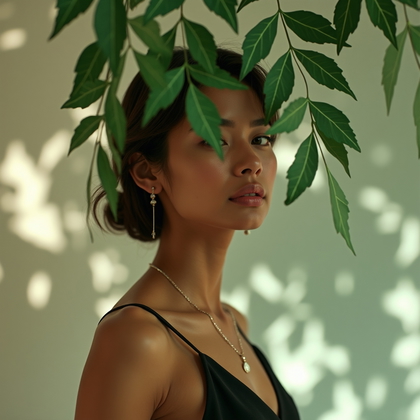 AI-generated photo: Photorealistic studio fashion portrait photography built around a kinetic leaf mobile: laser-cut pap...