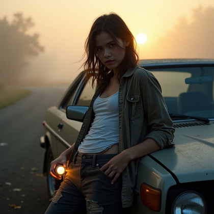 Sunrise Aftermath Final Girl Portrait example: Cinematic horror portrait photo, half-body portrait beside an abandoned car on a misty roadside just after sunrise, the