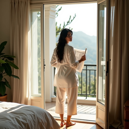 AI-generated photo: Photorealistic lifestyle photography in a bedroom with balcony doors ajar to morning light, the subj...