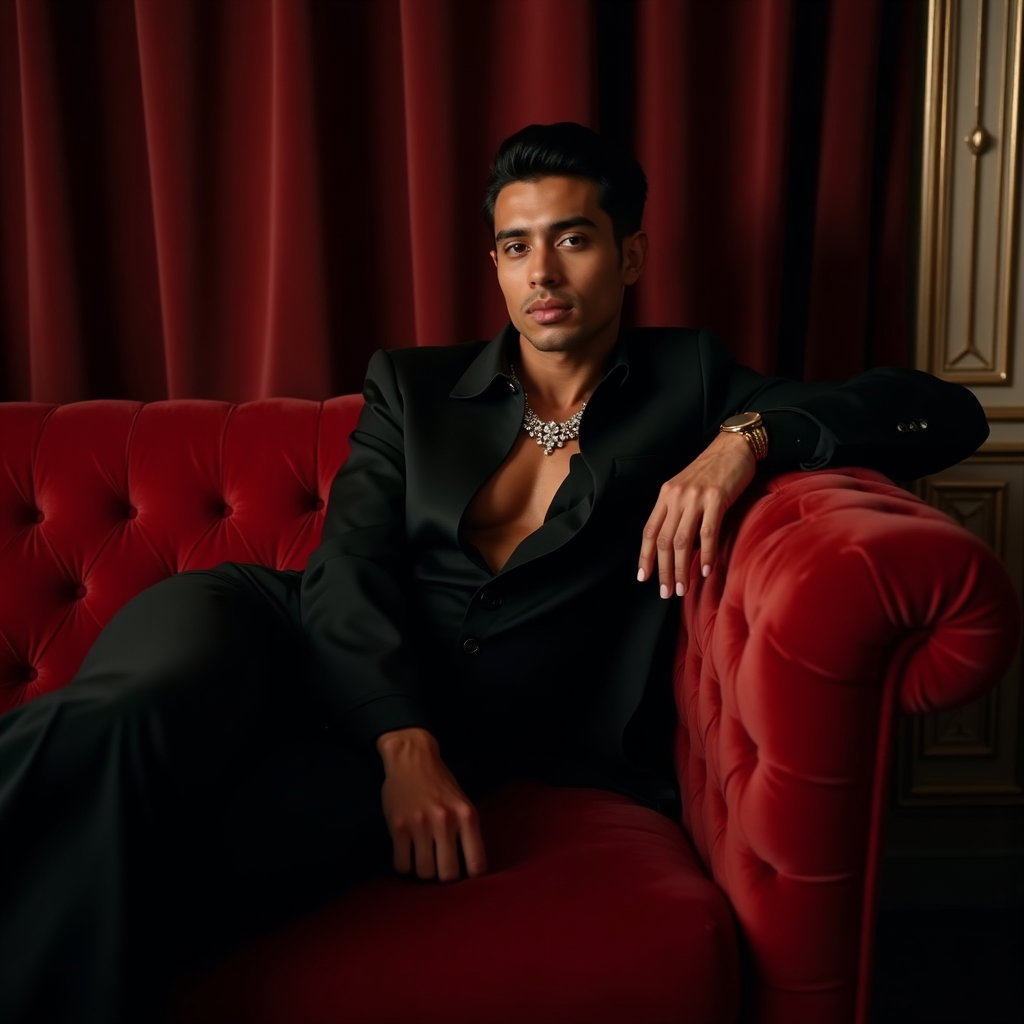 Subtle Neck-Turn Portrait Without Fake Horror example: Dating profile photo, editorial hero image on a velvet settee in a moody cocktail lounge, the subject angled diagonally