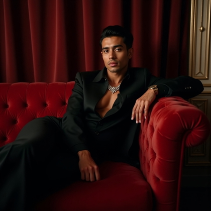 Subtle Neck-Turn Portrait Without Fake Horror example: Dating profile photo, editorial hero image on a velvet settee in a moody cocktail lounge, the subject angled diagonally