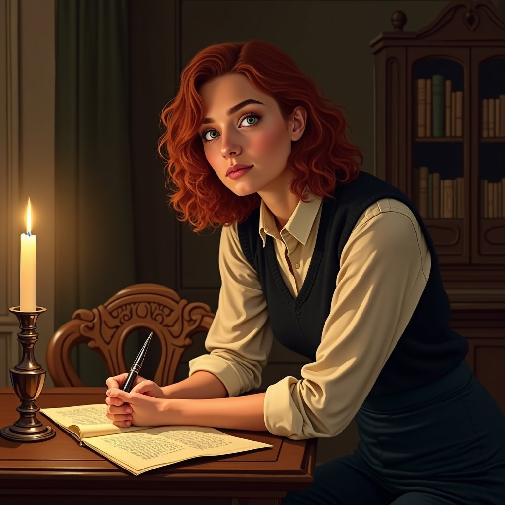 Candlelit Desk: Warm candlelit three-quarter portrait at an old writing desk covered with annotated pages, blotting paper, a fountain pen, and a half-open…