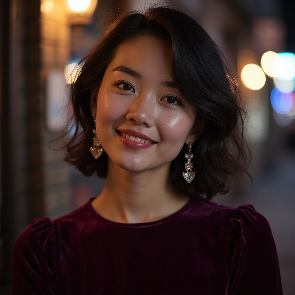 AI-generated photo: Confident Close-Up Portrait capturing a woman with an air of mystery and allure, dressed in a deep p...