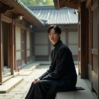 AI-generated photo: Photorealistic fashion portrait photography. A serene temple courtyard portrait with the subject sea...