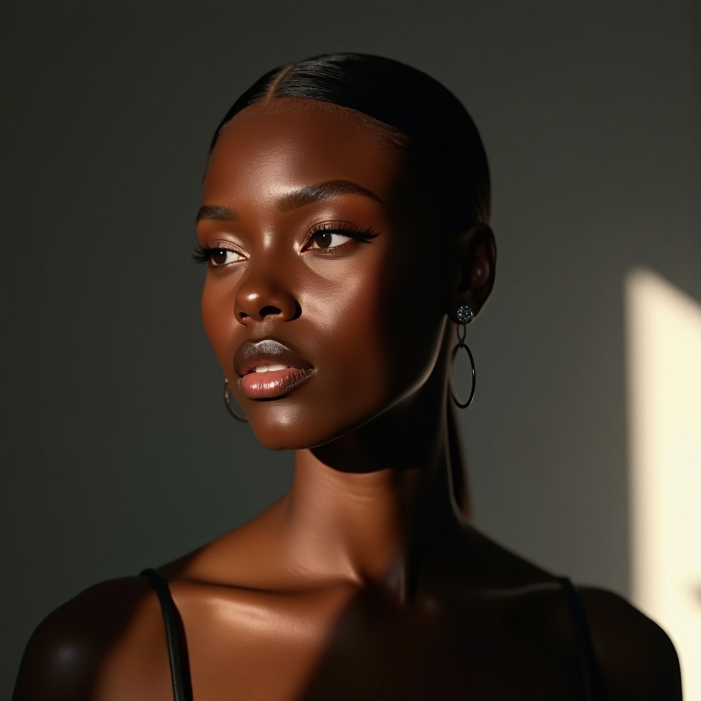 AI-generated photo: Photorealistic beauty portrait photograph, mid-close-up of a fashionable subject in a minimal studio...