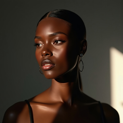 AI-generated photo: Photorealistic beauty portrait photograph, mid-close-up of a fashionable subject in a minimal studio...