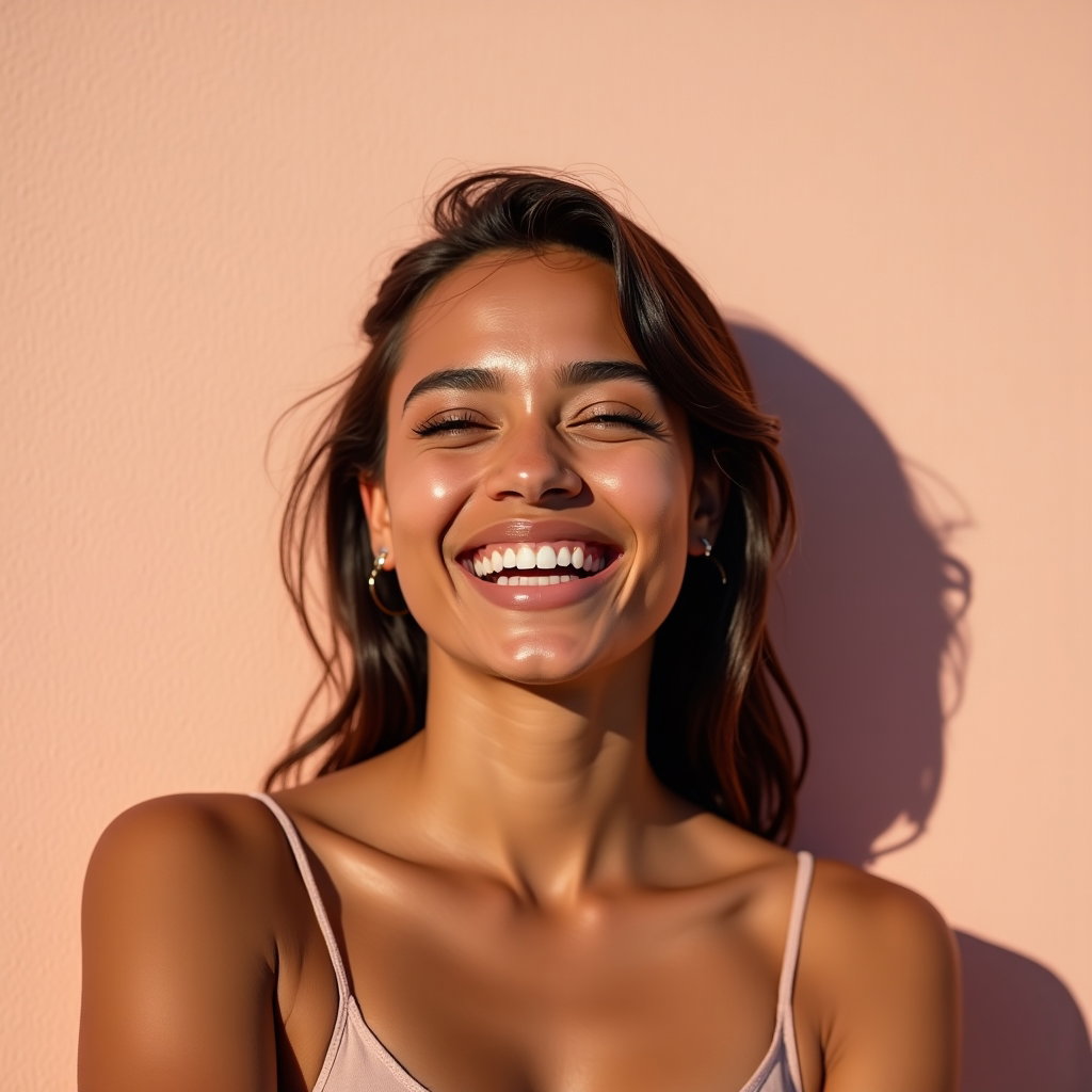 Relaxed Laugh Close-Up Instead of Forced Smolder example: Photorealistic dating profile photo. Profile/avatar crop framed from the chest up against a clean pastel beach wall, fac
