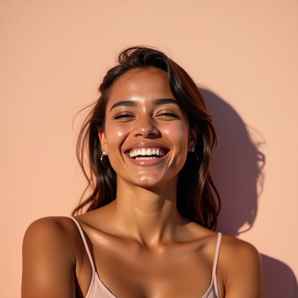 Relaxed Laugh Close-Up Instead of Forced Smolder example: Photorealistic dating profile photo. Profile/avatar crop framed from the chest up against a clean pastel beach wall, fac