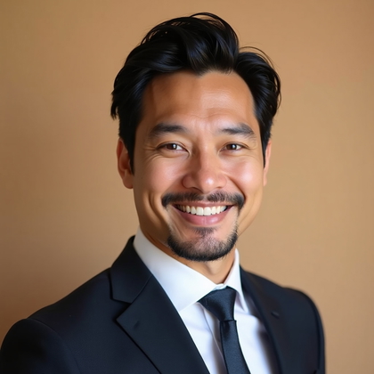 AI-generated photo: Professional headshot: neutral studio set in soft almond tones, background panels positioned to read...