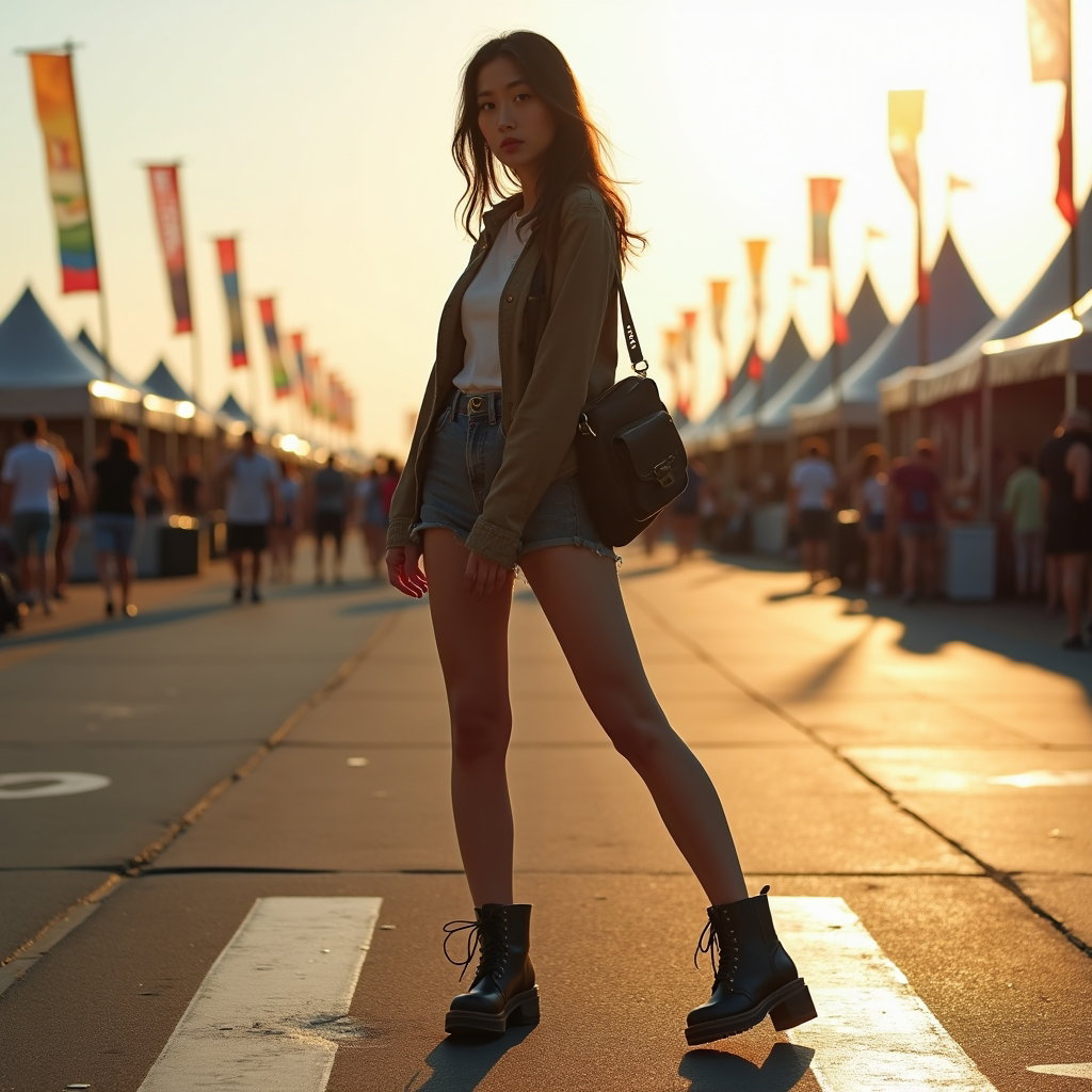 Golden Hour Festival Entrance Walk example: Photorealistic festival portrait photography. Full-body curb-step moment on a painted crosswalk between the shuttle zone