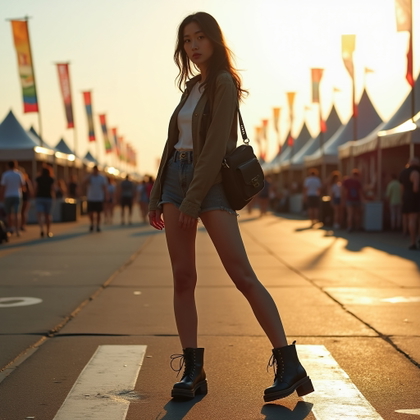 Golden Hour Festival Entrance Walk example: Photorealistic festival portrait photography. Full-body curb-step moment on a painted crosswalk between the shuttle zone