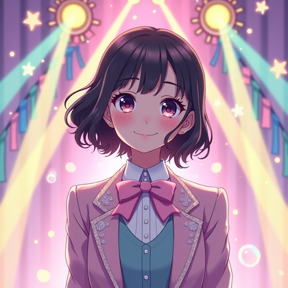 Anime illustration: glossy idol-style portrait on a pastel stage set with oversized candy-colored stars and shimmering confetti drifting, the character framed from mid-torso up with a spirited, inviting expression and a slightly tilted pose that brings the face close to center. Cel-shaded rendering emphasizes clean lineart, luminous eyes, and crisp shapes, with subtle bloom on highlights and stylized speculars along glossy costume elements like sequined lapels and a satin bowtie. A gentle rim glow traces the silhouette against softly gradient backdrops of lavender and mint, while transparent bubble overlays add playful depth without covering facial features. Dynamic diagonals from stage light beams and floating ribbon banners guide the eye toward the face, supplemented by star-shaped light effects kept small and tasteful. The palette blends cotton-candy pastels with a few saturated accents for pop, and micro-texture on fabrics gives the illustration a premium finish. The final composition reads clearly at thumbnail size yet reveals layered effects and crisp inked details when viewed close, achieving an energetic, commercial anime poster vibe.