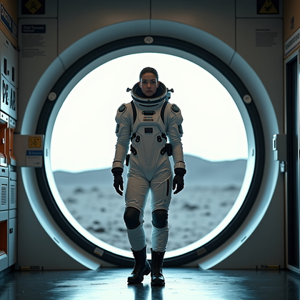 AI-generated photo: Professional portrait photography, a mission specialist standing at the threshold of a moon base air...