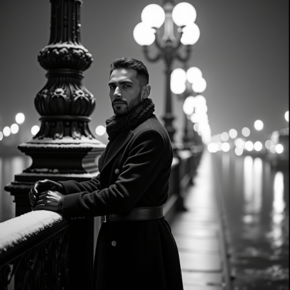 AI-generated photo: Photorealistic black-and-white night street portrait photography of the subject on a river bridge li...