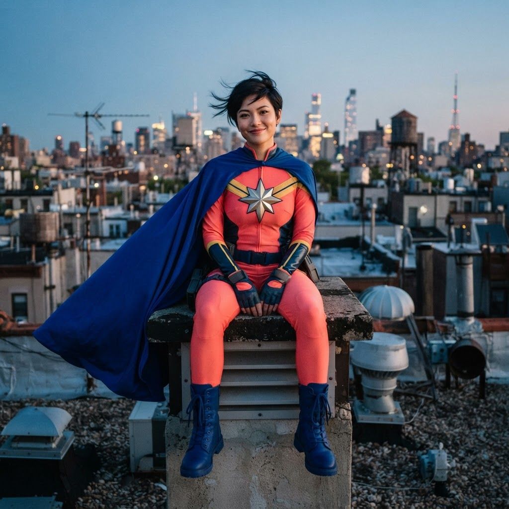 Comic-Book Superhero Above the City: Low-angle rooftop superhero photo at dusk, framed from boots to head with apartment rooftops and distant towers behind.
