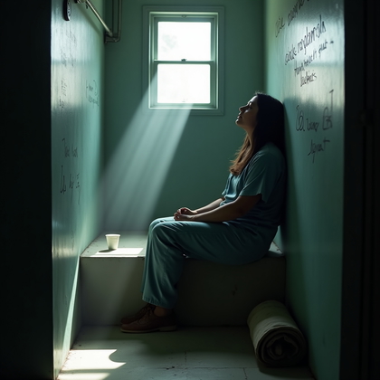 AI-generated photo: Photorealistic prison portrait photograph, the person is seated on the very top edge of a low concre...