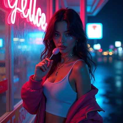 AI-generated photo: Airbrushed Miami‑noir poster illustration set at a midnight roadside gas station, with a three‑quart...