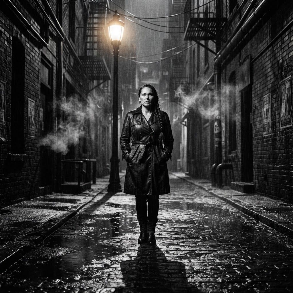 Rainy Alley Stakeout: Full-body film noir stakeout scene in a rain-slick alley with one person standing under a tall streetlamp, hands tucked into the pockets of…