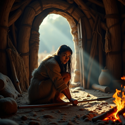 AI-generated photo: Photorealistic interior portrait inside a mammoth-bone windbreak lined with stitched hides, the subj...