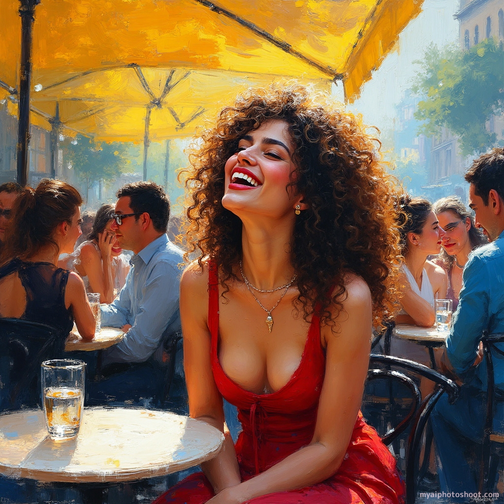 Post-Impressionist painting. In this vibrant and expressive scene, a bustling Parisian café is captured with bold, dynamic brushstrokes that emphasize movement and emotion. The background buzzes with patrons engaged in animated conversation, their forms abstracted with a palette of vivid yellows, blues, and reds. At the forefront, a 35-year-old plus-size Latina woman is depicted in a moment of laughter, her curly hair catching the light with hints of ochre and sienna. The artist uses thick impasto to highlight her joyful expression, with expressive lines and exaggerated features that convey a sense of liveliness and immediacy. The composition is daring, using diagonal lines to draw the viewer's eye across the scene, while broad, swirling strokes suggest the noise and energy of the café. The light is dappled, casting playful shadows that enhance the sense of depth and texture, characteristic of the Post-Impressionist boldness.