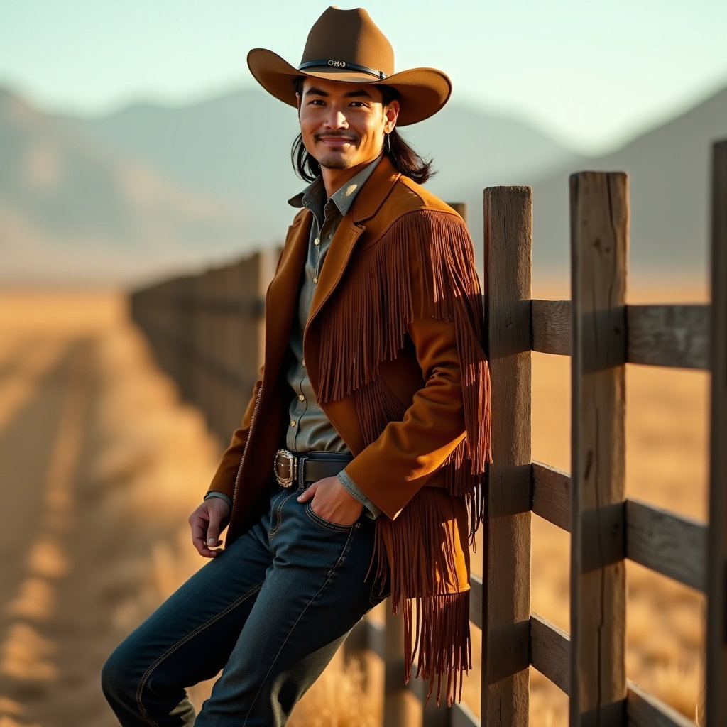 AI-generated photo: Photorealistic fashion portrait, a high-impact western glam portrait on a ranch fence line with the ...
