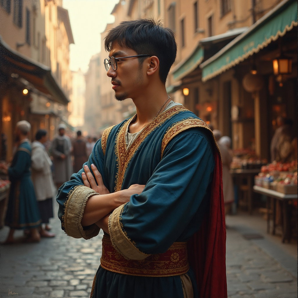 AI-generated photo: Renaissance oil painting. This piece illuminates the serene dignity of a Renaissance merchant in a b...