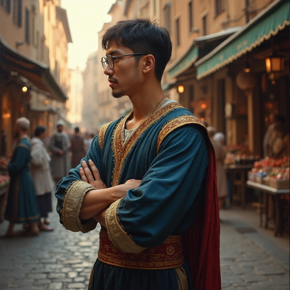 AI-generated photo: Renaissance oil painting. This piece illuminates the serene dignity of a Renaissance merchant in a b...