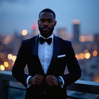 AI-generated photo: Photorealistic wedding photo; on a rooftop terrace at blue hour with a glowing skyline cascading int...