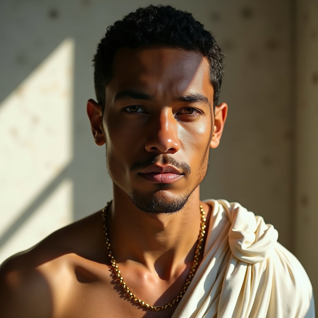 Solo Sunlit Marble Demigod Headshot example: Photorealistic Greek myth hero portrait photography. Unexpected creative variation showing the subject as a living marbl