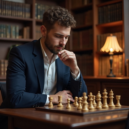 AI-generated photo: Hobby-Inspired Lifestyle photo of a man enthusiastically playing chess in a quaint, dimly-lit librar...
