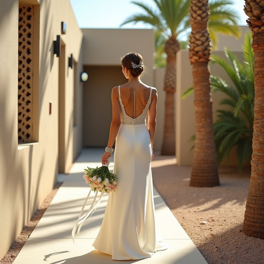 AI-generated photo: Photorealistic wedding photography along a mid-century desert home walkway, geometric breeze-block w...