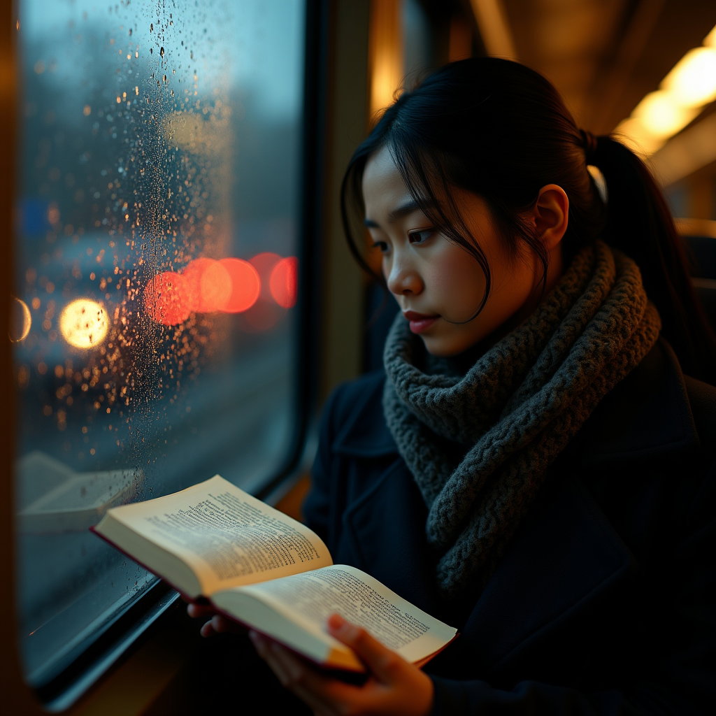 Train Window Study: Atmospheric reflection portrait of one person seen beside a rain-specked train window, the glass capturing both their thoughtful face and…