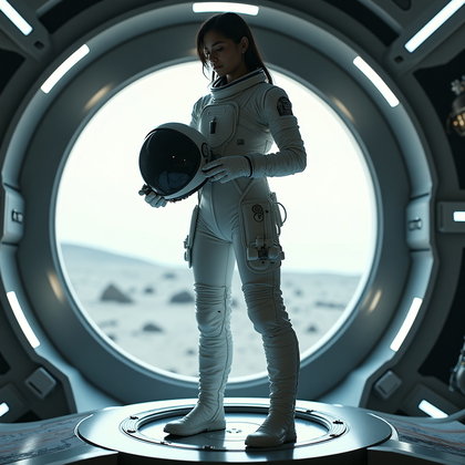 AI-generated photo: Photorealistic cinematic sci-fi photography. Inside a premium moon base suit-up suite, the subject s...