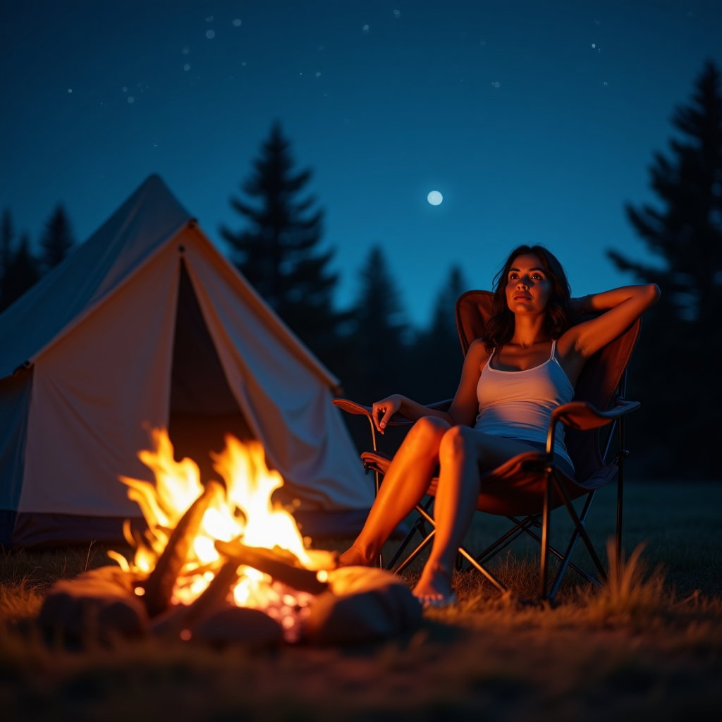 AI-generated photo: Photorealistic night portrait photography. A person lounges in a camping chair beside a softly crack...