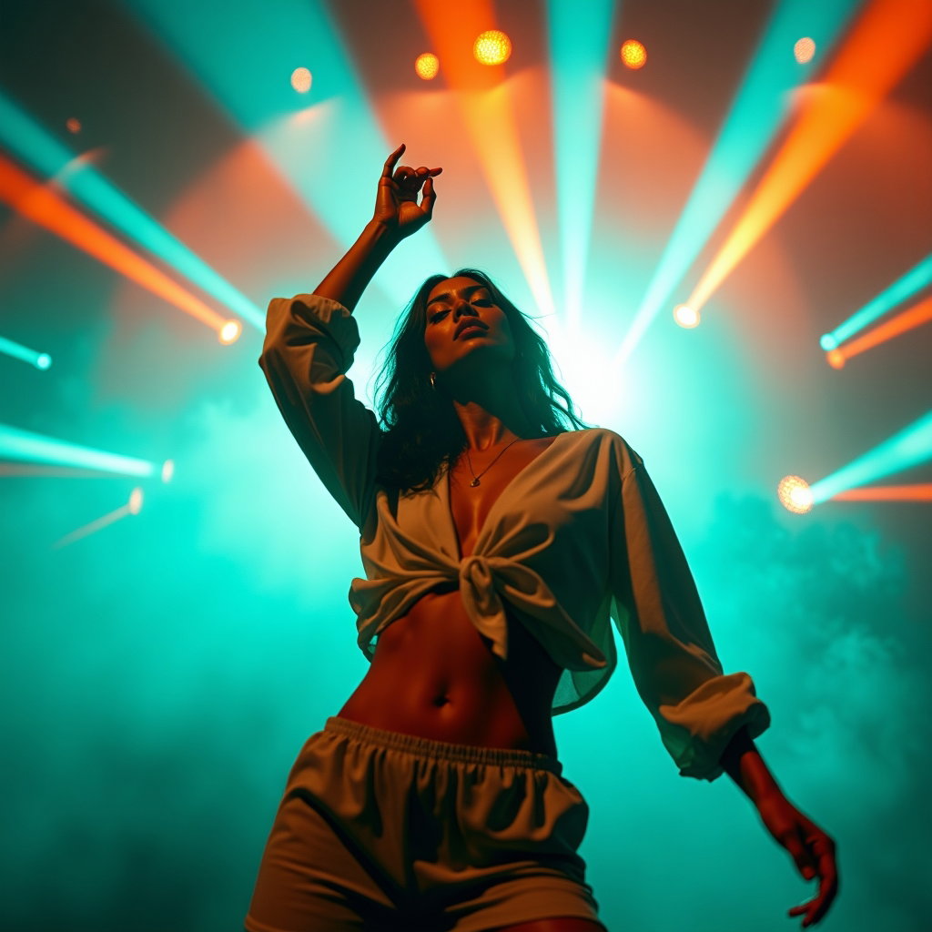 Candid Dance Motion Shot example: Photorealistic editorial festival photography. Hero image from a slightly low angle with the subject centered in a power