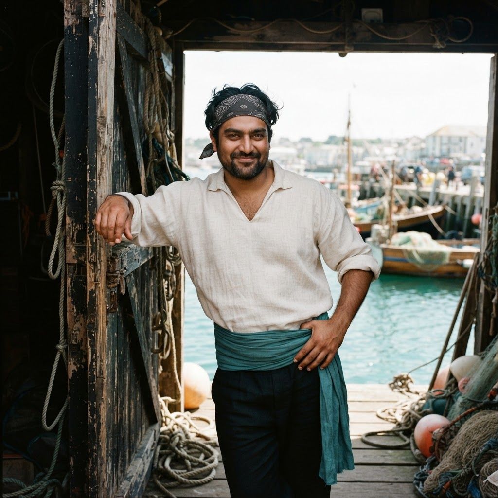 Sunlit Pirate at the Harbor: Waist-up personal photo at the entrance to a weathered dockside boathouse, the open doorway framing sunlit harbor water.