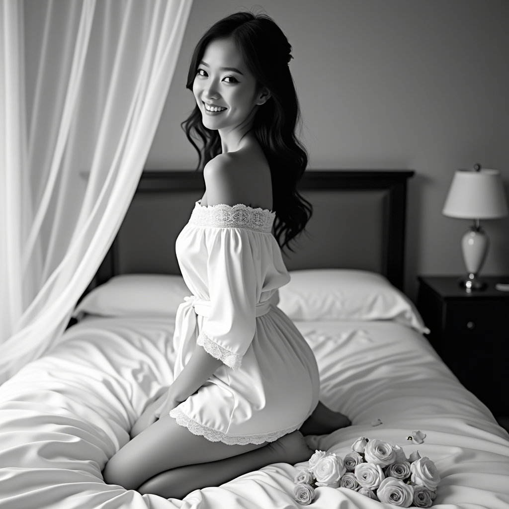 AI-generated photo: Photorealistic bridal boudoir photograph: on a bed of crisp white linens and a scatter of rose petal...