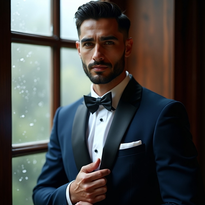 AI-generated photo: Photorealistic wedding portrait at a rain-dappled window where overcast daylight wraps gently across...