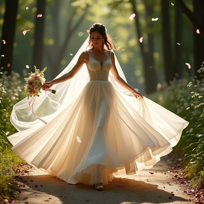 AI-generated photo: Photorealistic wedding photography — sun-dappled forest path with scattered wildflowers and drifting...