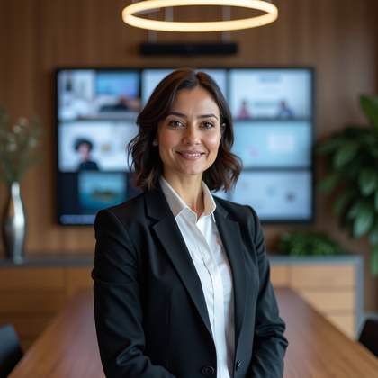 AI-generated photo: Professional headshot: staged before a videoconference wall in a high-end boardroom, multi-pane inte...